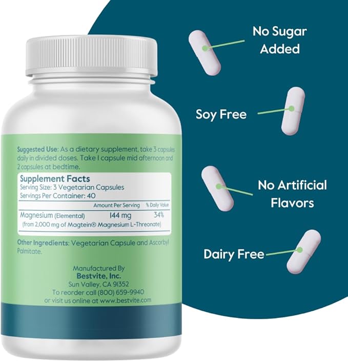 BESTVITE Magtein Magnesium L-Threonate Capsules - 2000mg per Serving (120 Vegetarian Capsules) - Patented and Bioavailable Magnesium - No Stearates - No Fillers - Vegan - Non GMO - Gluten Free
