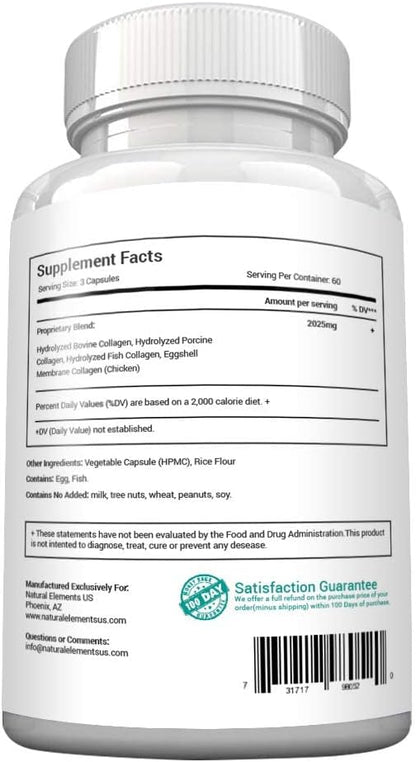 Multi Collagen 180 Protein Capsules - Type I, II, III, V, X Collagen Pills - Proprietary Blend of Eggshell, Chicken, Wild Fish & Grass-Fed Beef Collagen Peptides - 2025mg per serv