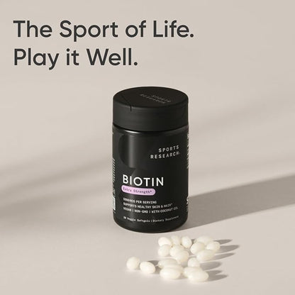 Sports Research Extra Strength Vegan Biotin (Vitamin B) Supplement with Organic Coconut Oil - Supports Keratin for Healthier Hair & Skin - Great for Women & Men - 5,000mcg, 30 Veggie Softgel Capsules