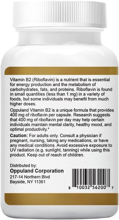 Riboflavin Vitamin B2 Supplement - B-2 Vitamin - Boosts Energy Metabolism & Cellular Function - Daily Nutritional Supplements for Men & Women - 400 mg Capsules - 120 Counts