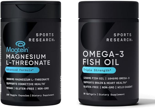 Sports Research Triple Strength Omega 3 Fish Oil EPA & DHA Fatty Acids from Wild Alaskan Pollock & Magtein Magnesium L-Threonate Supports Memory, Focus, Sleep & Mood Brain Health Pack