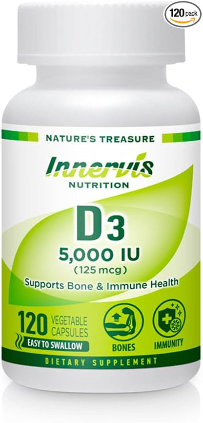 Vitamin D3 5000 IU (125 mcg) 120 Vegetable Capsules Support Healthy Bones Teeth Immune System Supplement