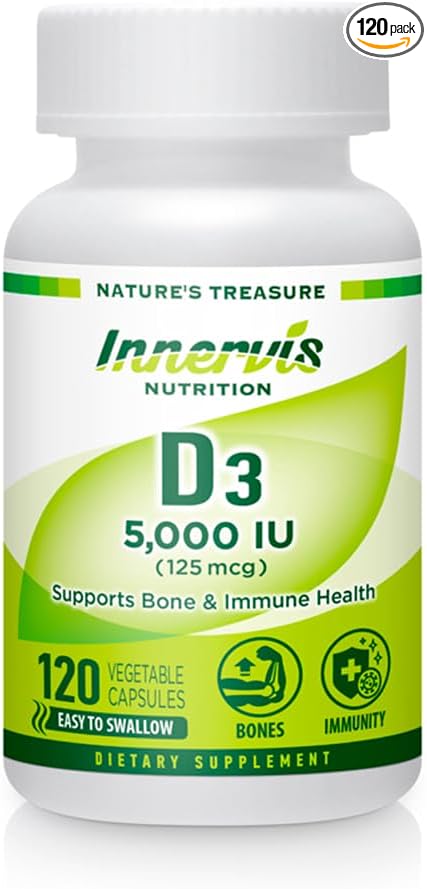 Vitamin D3 5000 IU (125 mcg) 120 Vegetable Capsules Support Healthy Bones Teeth Immune System Supplement