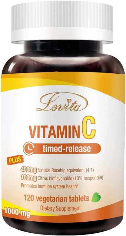 Lovita Vitamin C 1000mg with Bioflavonoids & Rose HIPS, Timed Release Coating, High Potency, Support Healthy Immune Function, 120 Vegetarian Tablets for 4 Month Supply