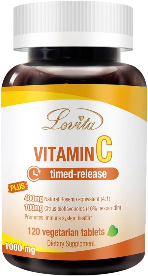 Lovita Vitamin C 1000mg with Bioflavonoids & Rose HIPS, Timed Release Coating, High Potency, Support Healthy Immune Function, 120 Vegetarian Tablets for 4 Month Supply