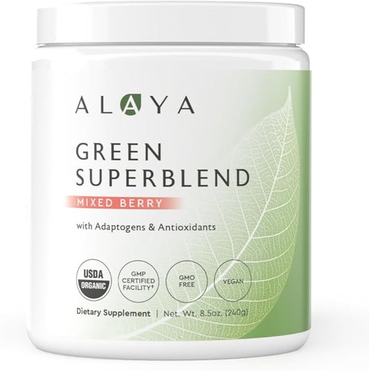 Alaya Organic Super Greens Powder - Premium Green Juice Superfood Supplement Powder - Adaptogens, Antioxidants & Probiotics Blend - USDA Organic, Non-GMO, Vegan - 30 Servings (Mixed Berry)
