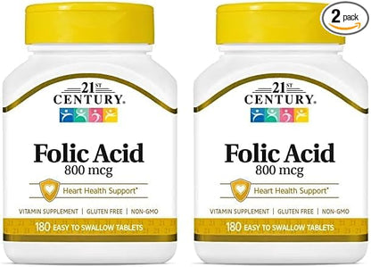 21st Century 800 mcg Folic Acid Tablets, Assorted, 180 Count (Pack of 2)