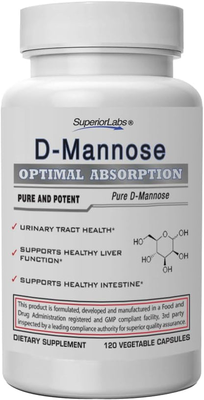 Superior Labs – Best D-Mannose NonGMO Dietary Supplement – 500mg, 120 Vegetable Capsules – Powerful Prebiotic – Boosts Urinary Tract Health – Supports Digestive Health & Liver Function