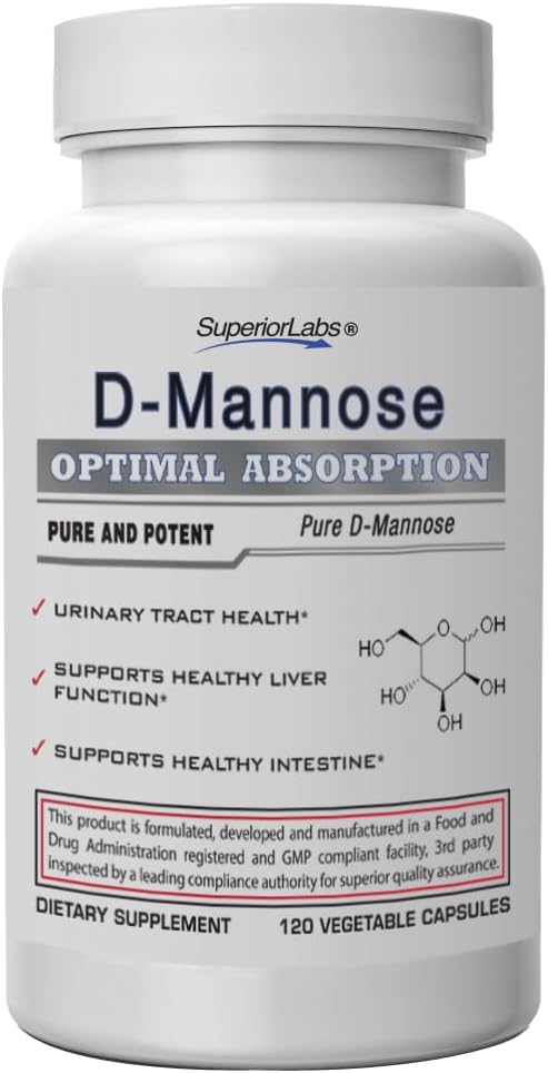 Superior Labs – Best D-Mannose NonGMO Dietary Supplement – 500mg, 120 Vegetable Capsules – Powerful Prebiotic – Boosts Urinary Tract Health – Supports Digestive Health & Liver Function