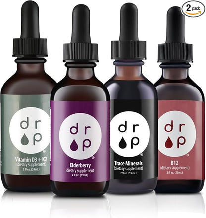 Drop Supplements Organic Trace Minerals, Elderberry, Vitamin B12 and Vitamin D3+K2 Drops Bundle