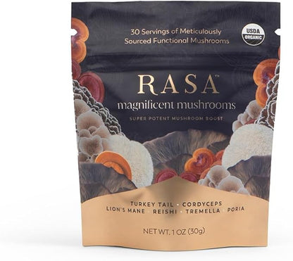 Rasa Magnificent Mushrooms – Best Mushroom Blend Supplement | 100% Fruiting Bodies | Organic Extra Potent Mushroom Extract Powder | Vegan & Gluten-Free (1 oz / 30 Servings)