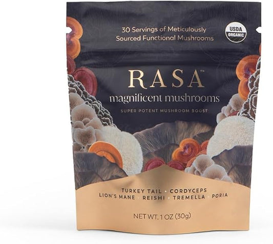 Rasa Magnificent Mushrooms – Best Mushroom Blend Supplement | 100% Fruiting Bodies | Organic Extra Potent Mushroom Extract Powder | Vegan & Gluten-Free (1 oz / 30 Servings)
