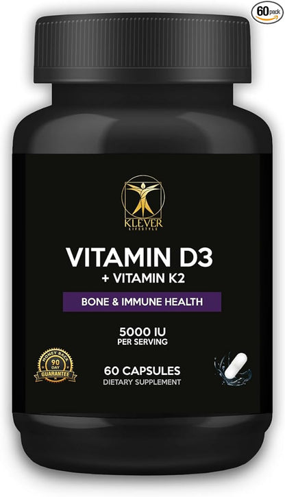 Klever Lifestyle | Vitamin D3 & K2 | Supplement for Bone, Joint & Immune Health, Mood Support, Antioxidant, Strong Bones | 60 Capsules | 5000 UI per Serving