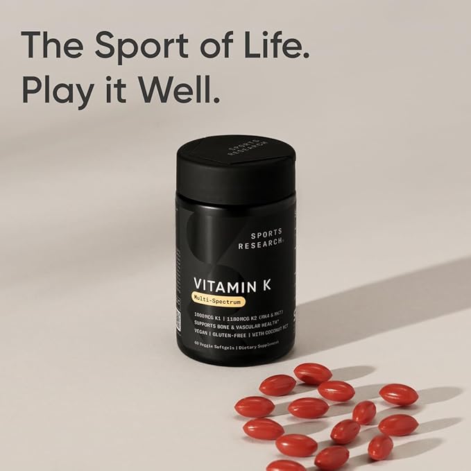 Sports Research® Multi-Spectrum Vitamin K with Coconut MCT Oil - Plant Based Vitamin K1 & K2 (MK-4 + MK-7) - Vegan Certified, Non-GMO & Gluten Free - 60 Veggie Softgels