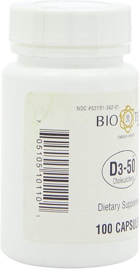 Bio-Tech Pharmacal D3-50 50,000 IU, 100 Capsules Ð All-Natural Supplement Ð Supports Bone, Heart Neuromuscular, & Immune Health Ð No Dairy, Fish, Gluten, Peanut, Shellfish, & Soy