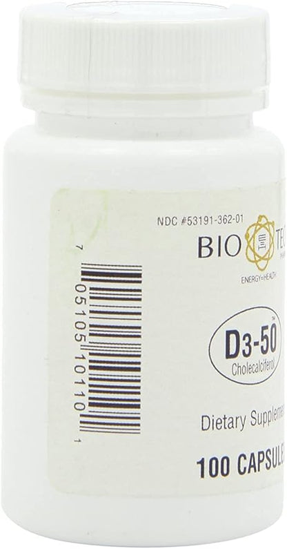 Bio-Tech Pharmacal D3-50 50,000 IU, 100 Capsules Ð All-Natural Supplement Ð Supports Bone, Heart Neuromuscular, & Immune Health Ð No Dairy, Fish, Gluten, Peanut, Shellfish, & Soy
