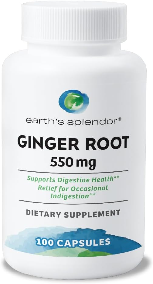 Earth's Splendor Ginger Root 550 mg Dietary Supplement for Men & Women, Supports Digestive Health, No Artificial Color or Preservatives (550 mg, 100 Capsules)