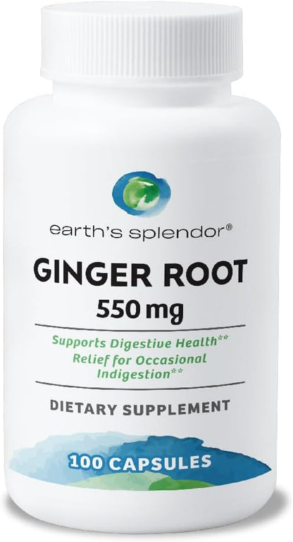 Earth's Splendor Ginger Root 550 mg Dietary Supplement for Men & Women, Supports Digestive Health, No Artificial Color or Preservatives (550 mg, 100 Capsules)