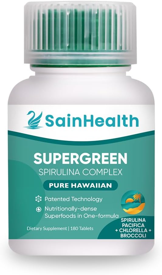 SuperGreen Spirulina Complex - Superfoods (Spirulina grown in Hawaii, Chlorella & Brocolli), Supports Metabolism & Energy Boost and the body's natural detoxification process 500mg, 180 tabs