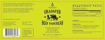 Ancestral Supplements Grass Fed Beef Pancreas Supplement, 500mg, Pancreatic Support with Proteolytic Digestive Enzymes for Digestion Support, Including Trypsin, Non GMO, 180 Capsules
