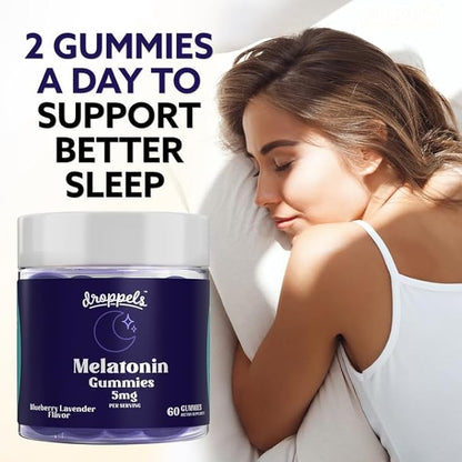 Droppels Melatonin Gummies, 5mg – Plant-Based, Vegan Melatonin 5mg for Natural Sleep Support with Chamomile Extract, 60 Count, Blueberry Flavor (1-Month Supply)