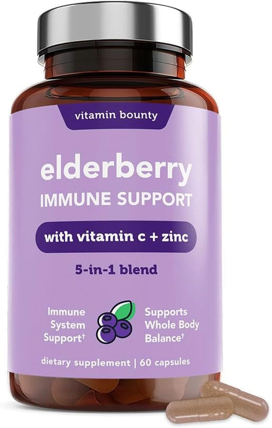 Vitamin Bounty Organic Elderberry Capsules – Sambucus Elderberry with Vitamin C and Zinc – Immune System Boosters for Adults – Antioxidant Formula for Immune Support– Non-GMO, 60 Capsules