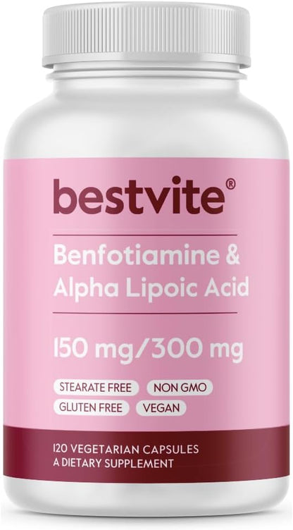 BESTVITE Benfotiamine 150mg / Alpha Lipoic Acid 300mg (120 Vegetarian Capsules) - No Stearates - Vegan - Gluten Free - Non GMO