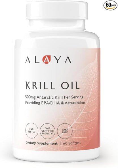 Alaya Naturals - Antarctic Krill Oil 500mg Supplement with Phospholipids, EPA/DHA Omega 3 & Astaxanthin - Non-GMO - PCB Tested Krill Oil - 60 Softgels