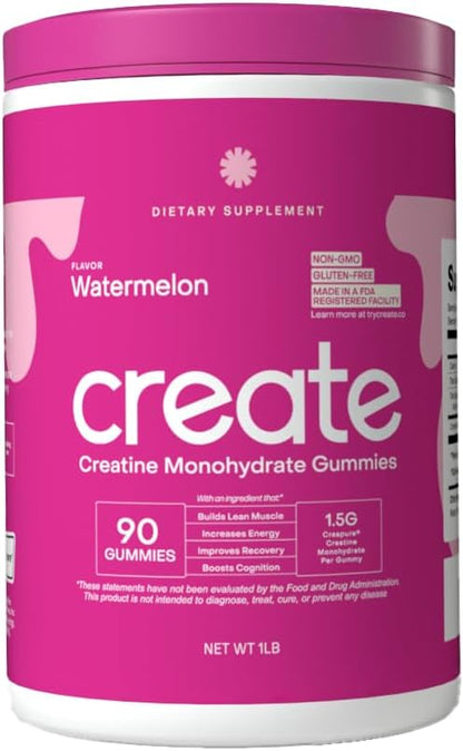 Create Creatine Monohydrate Gummies for Men & Women - Boost Focus, Strength, and Endurance, Anti-Melting Formula, Vegan, Gluten-Free, Non-GMO, 1.5 Gram Creatine per Gummy (Watermelon, 90 ct)
