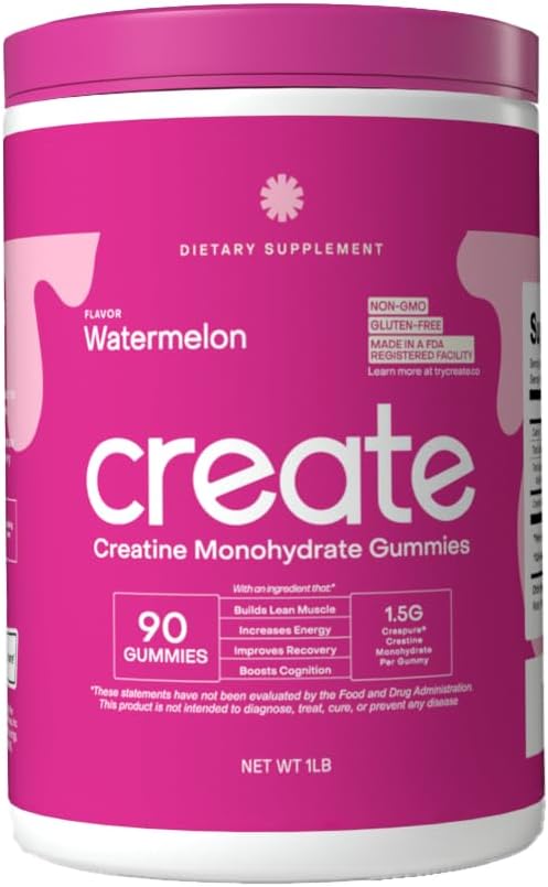 Create Creatine Monohydrate Gummies for Men & Women - Boost Focus, Strength, and Endurance, Anti-Melting Formula, Vegan, Gluten-Free, Non-GMO, 1.5 Gram Creatine per Gummy (Watermelon, 90 ct)
