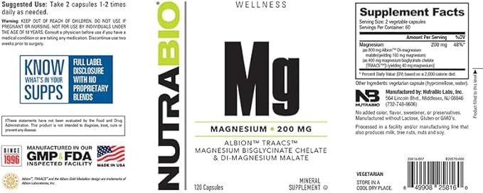 NutraBio Magnesium Supplement, Magnesium Glycinate, Biglycinate, D-Magnesium Malate, Magnesium for Sleep, Muscle & Nerve Support, for Men and Women, 120 Vegetable Capsules