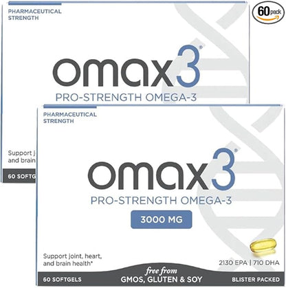 Omax3 Pro-Strength Ultra-Pure Omega-3 Fish Oil - 1000 mg - Maximum Professional Joint & Muscle Support - EPA DHA - NSF Certified - 60/per Softgel Blister (Pack of 2)