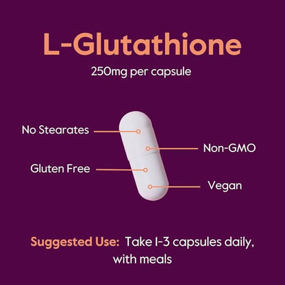 BESTVITE L-Glutathione 250mg (60 Vegetarian Capsules) - No Stearates - Vegan - Non GMO - Gluten Free