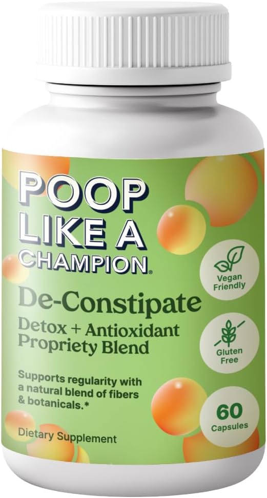 Poop Like a Champion Constipation Relief Capsules - Acai, Psyllium Husk, Ginger Root, Chlorella, Prebiotic Blend, 60 Capsules, Supports Bowel Movement, Promotes Gut Health Supplement