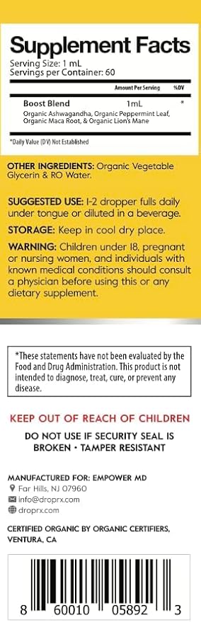 DropRx Boost by Dr. Nicole Saphier – Maca Root, Ashwagandha, Lions Mane & Peppermint Leaf Extract for Vitality Support, Non-GMO, Vegan, Gluten-Free, Kosher, Made in USA (2 Fl Oz)