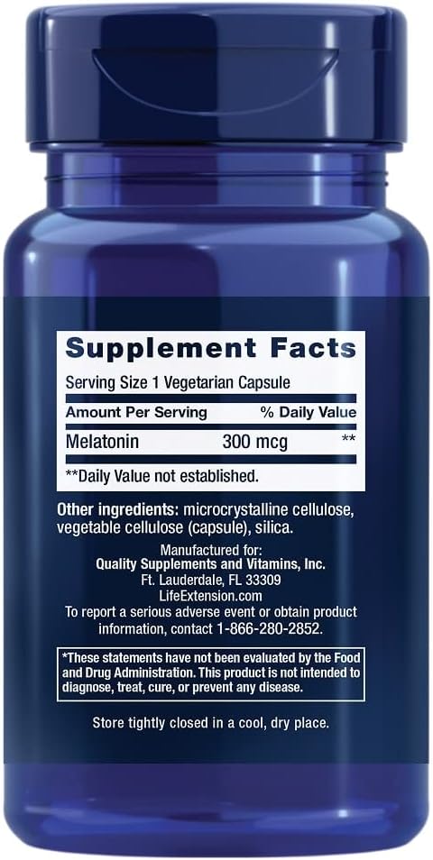 Life Extension Melatonin, 300 mcg, gentle sleep support, healthy circadian rhythms, cellular defense, gluten-free, non-GMO, vegetarian, 100 capsules