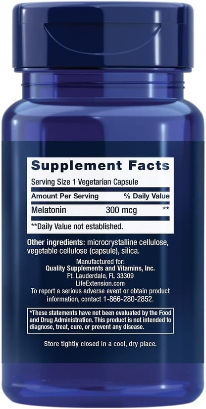 Life Extension Melatonin, 300 mcg, gentle sleep support, healthy circadian rhythms, cellular defense, gluten-free, non-GMO, vegetarian, 100 capsules