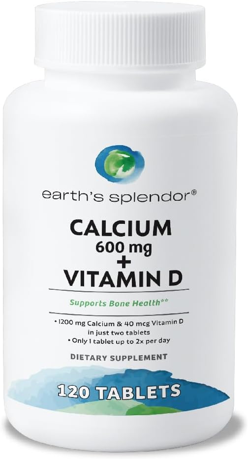 Earth's Splendor Bone Health Support, with Calcium & Vitamin D, Dietary Supplement, Vitamin Supplements, for Men & Women, (600mg Calcium, 120 Tablets)
