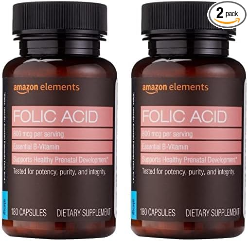 Amazon Elements Folic Acid 800 mcg per Serving, Dietary Supplement for Healthy Prenatal Development, 6 Months of Supply (Pack of 2)