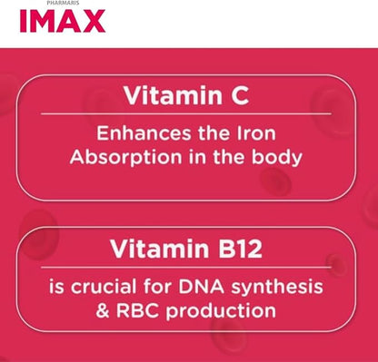 IMAX 150 mg Iron Supplement, 250 mg VIT C, 1000 mcg VIT B12, 30 Capsules, Treatment for Iron Deficiency Anemia, Once Daily Dosing