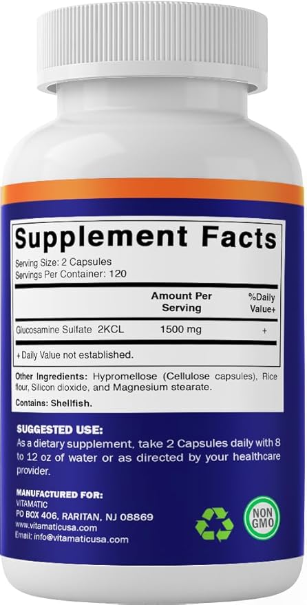 Vitamatic Glucosamine Sulfate Supplement, 1500mg, 120 Servings, 240 Capsules