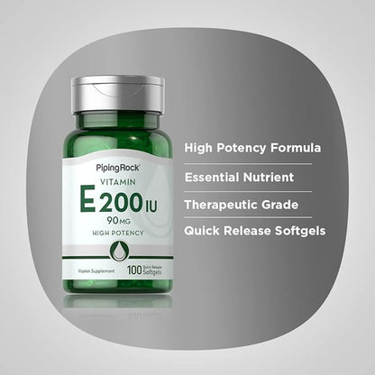 Piping Rock Vitamin E 200 IU | 90mg | 100 Softgel Capsules | High Potency Supplement | Non-GMO, Gluten Free