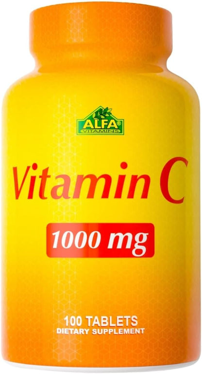 ALFA VITAMINS Vitamin C Supplement 1000mg, Powerful Antioxidant for Immune Support & Healthy Skin, Promotes Collagen Formation, Dietary Supplement for Daily Wellness and Skin Protection, 100 Tablets