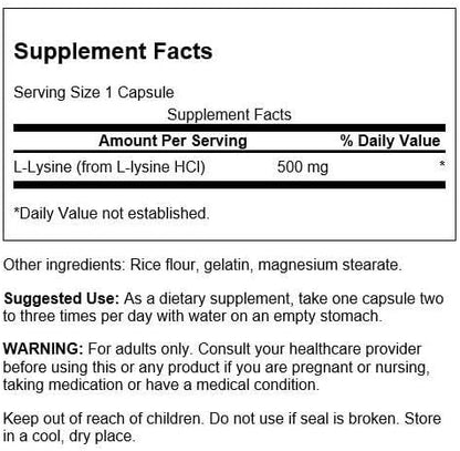 Swanson Amino Acid Free-Form L-Lysine 500 Milligrams 100 Capsules