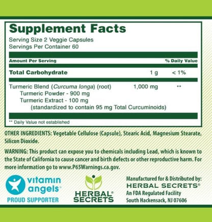 Herbal Secrets Turmeric Curcumin Supplement | 1000 Mg Per Serving | 120 Veggie Capsules | Blend of Turmeric Powder & Turmeric Extract | Non-GMO | Gluten Free | Made in USA