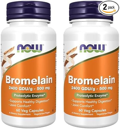 NOW Supplements, Bromelain (Natural Proteolytic Enzyme) 2,400 GDU/g - 500 mg, Natural Proteolytic Enzyme*, 60 Veg Capsules (Pack of 2)