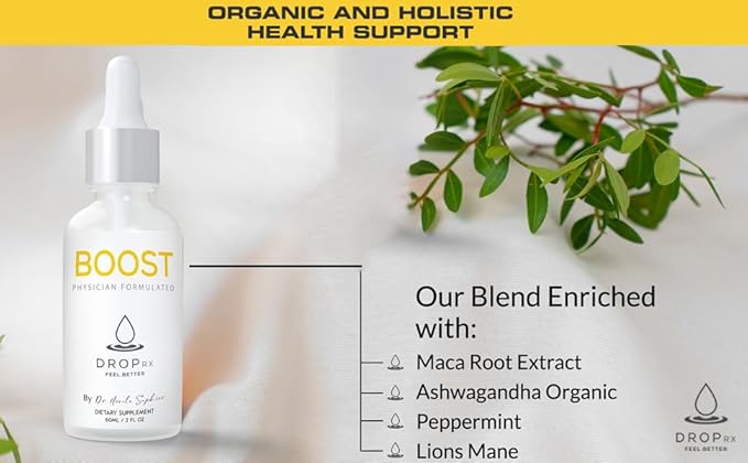 DropRx Boost by Dr. Nicole Saphier – Maca Root, Ashwagandha, Lions Mane & Peppermint Leaf Extract for Vitality Support, Non-GMO, Vegan, Gluten-Free, Kosher, Made in USA (2 Fl Oz)