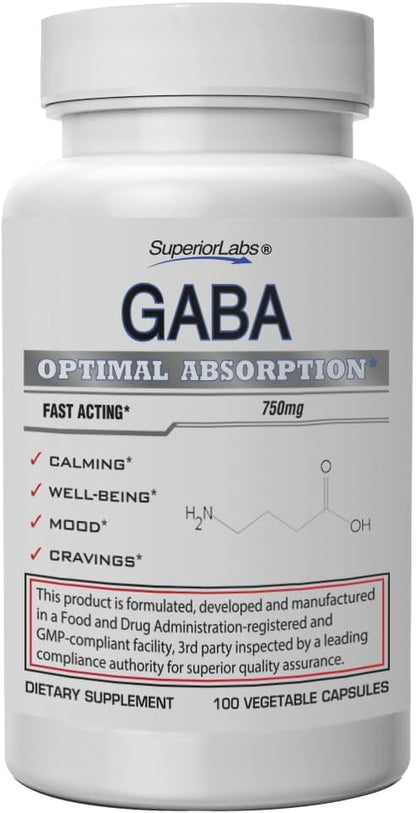 Superior Labs | GABA Supplement 750mg | Maximum Strength Mood Enhancement | Natural Relief of Simple Nervous Tension, Promotes Mood Balance, Sleep Quality, and Natural Brain Function*