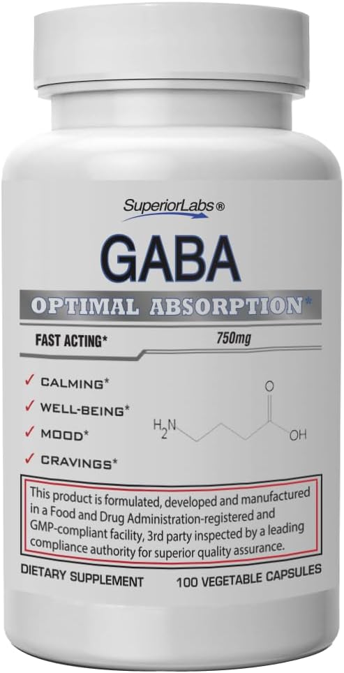 Superior Labs | GABA Supplement 750mg | Maximum Strength Mood Enhancement | Natural Relief of Simple Nervous Tension, Promotes Mood Balance, Sleep Quality, and Natural Brain Function*