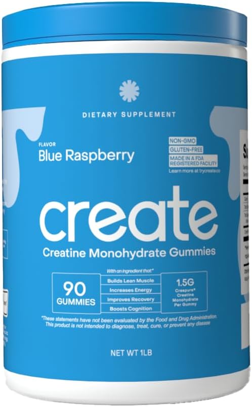 Create Creatine Monohydrate Gummies for Men & Women, Boost Focus, Strength, and Endurance, Anti-Melting Formula, Vegan, Gluten-Free, Non-GMO, 1.5g of Creatine per Gummy (Blue Raspberry, 90 ct)